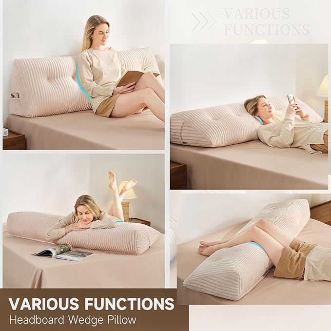 Z-hom Full Headboard Pillow, Triangular Wedge Reading Pillow for Bed or Sofa, Ergonomic Backrest Cushion for Sitting Up, Reading or Relaxing, with Side Pocket，Removable Washable Cover,Beige Cream