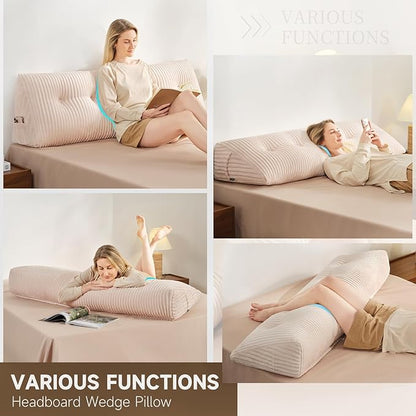 Z-hom King Headboard Pillow, Triangular Wedge Reading Pillow for Bed or Sofa, Ergonomic Backrest Cushion for Sitting Up, Reading or Relaxing, with Side Pocket，Removable Washable Cover,Beige Cream