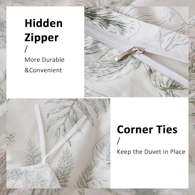100% Cotton Floral Duvet Cover Set King Size Ultra Soft Breathable Blue Floral Grey Leaves Bedding Set for Women with Zipper Closure 3 Pcs Chic Reversible Duvet Cover for All Season