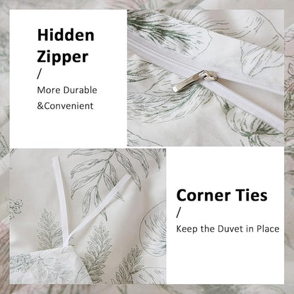 100% Cotton Floral Duvet Cover Set King Size Ultra Soft Breathable Blue Floral Grey Leaves Bedding Set for Women with Zipper Closure 3 Pcs Chic Reversible Duvet Cover for All Season