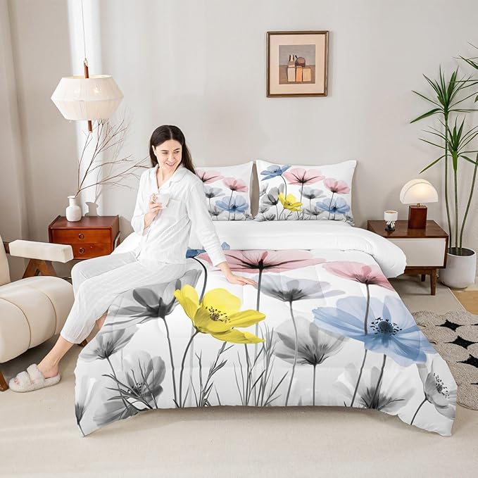 Erosebridal Cute Colorful Floral King Comforter Set,Pink Blue Gray Flower Bedding Sets for Kids Girls Boys,Boho Flowers Wildflower Bed Set Country Room Decor with 2 Pillowcases,Breathable