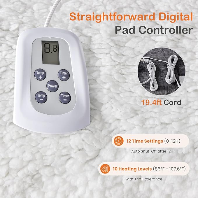 Sweetcrispy Heated Blanket Full Size, 77''x84'' Heating Electric Blanket with 10 Heat Levels and Auto-Off, Washable Dual-Sided Flannel & Sherpa Fabric Electric Blanket Warmer ETL Certificated