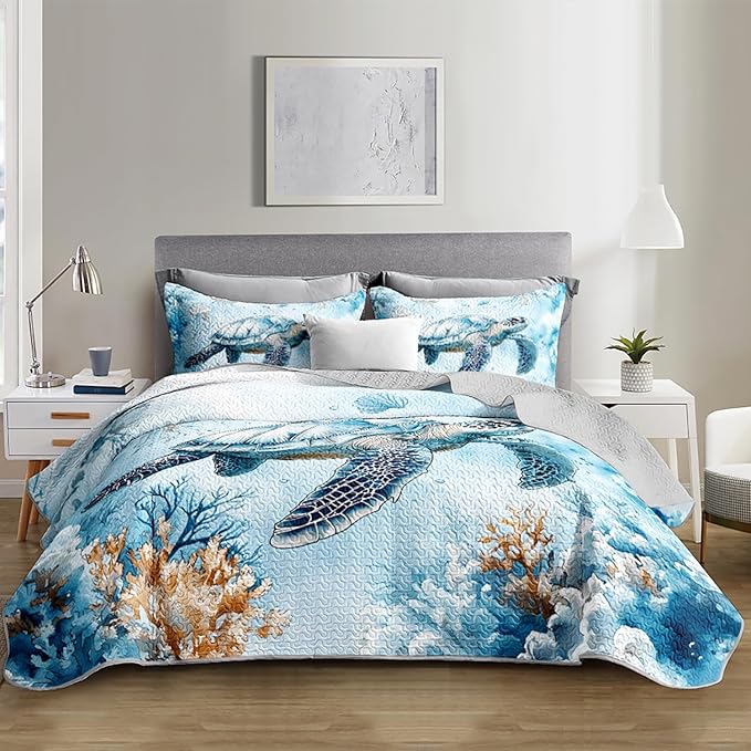 Coastal Bedding Quilt Sets Queen Size,Summer Blue Sea Turtles Jellyfish Nautical Bedding Quilt with 2 Pillowcases,Beach Themed Soft Lightweight Quilted Set.