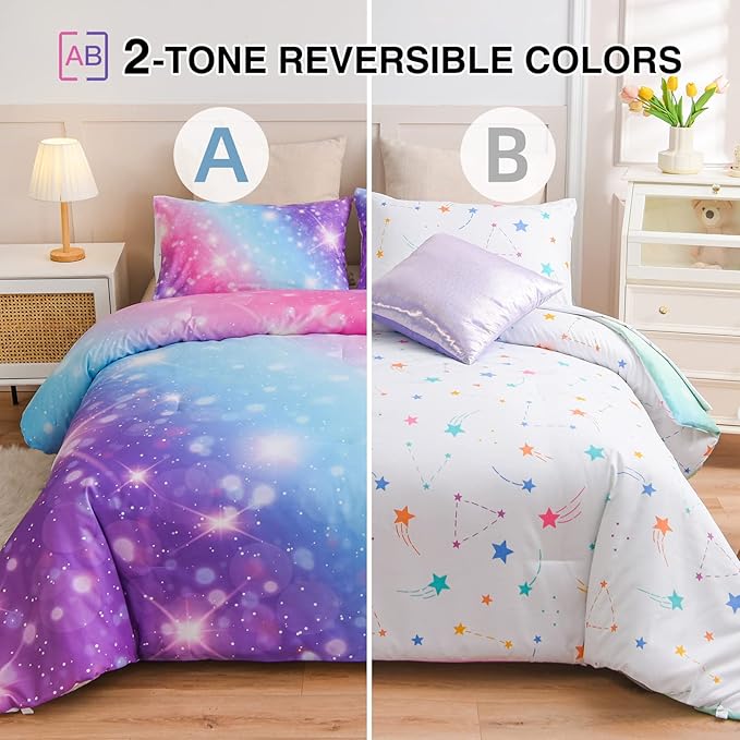 A Nice Night 6Pcs Gradient Glitter Bedding Set for Girls Full Size, Colorful Rainbow Galaxy Comforter Set, Ultra Soft Bedding Sets, Purple