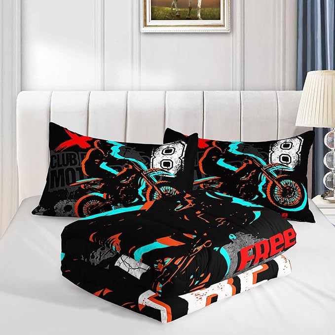 Dirt Bike Comforter Set Cool Sports Motocross Racing Moves Theme Comforter Sets Quilt with 1 Comforter and 2 Pillowcases for Kids Boys Bedroom All Season（Dirt Bike Queen）