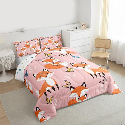 Erosebridal Kids Cartoon Fox Bedding Set Full Size,Multicolor Butterfly Comforter Set Boys Girls Woodland Fox Quilt Duvet Teens Wildlife Animal Down Comforter with 2 Pillow Shams,3Pcs Pink Orange