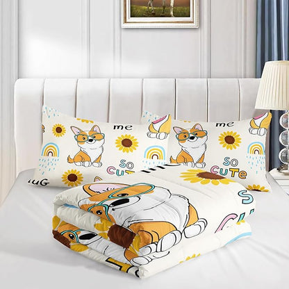 Kawaii Cartoon Corgi Dog Animal Themed Comforter 3Pcs Full Yellow Sunflower Rainbow Bedding Set for Kid Teen Girl Boy Adult So Cute Pet Dog Quilt Bed Decor with 1 Comforter and 2 Pillowcases