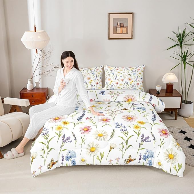 Erosebridal Wildflower Toddler Bedding Set for Girls,Cute Boho Floral Kids Comforter Sets,Colorful Flower Butterfly Bed Set,Bohemian Country Flowers Room Decor with 1 Pillowcase