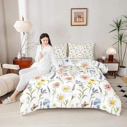 Erosebridal Wildflower King Bedding Set for Girls,Cute Boho Floral Comforter Set for Kids Women,Colorful Flower Butterfly Bed Set,Bohemian Country Flowers Room Decor with 2 Pillowcases