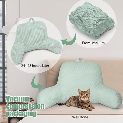 Reading Pillow, Silk Back Support Pillow for Bed Sitting Up, Large Bed Rest Pillow with Arms for Adults,Back Support for Couch and Chair, Green