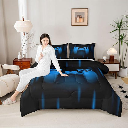 Feelyou Boys Gamer Comforter Set Queen Size Bedding Set for Kids Gaming Comforter Blue Black Video Games Gamepad Room Decor for Teens Child Super Soft Geometric Duvet Quilted Son Grandson Gift