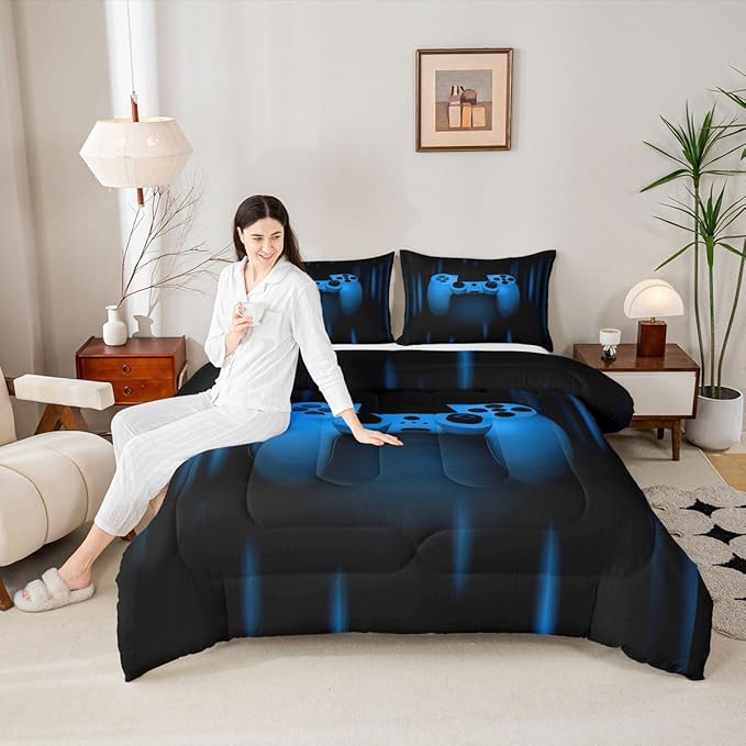 Feelyou Boys Gamer Comforter Set Full Size Bedding Set for Kids Gaming Comforter Blue Black Video Games Gamepad Room Decor for Teens Child Super Soft Geometric Duvet Quilted Son Grandson Gift
