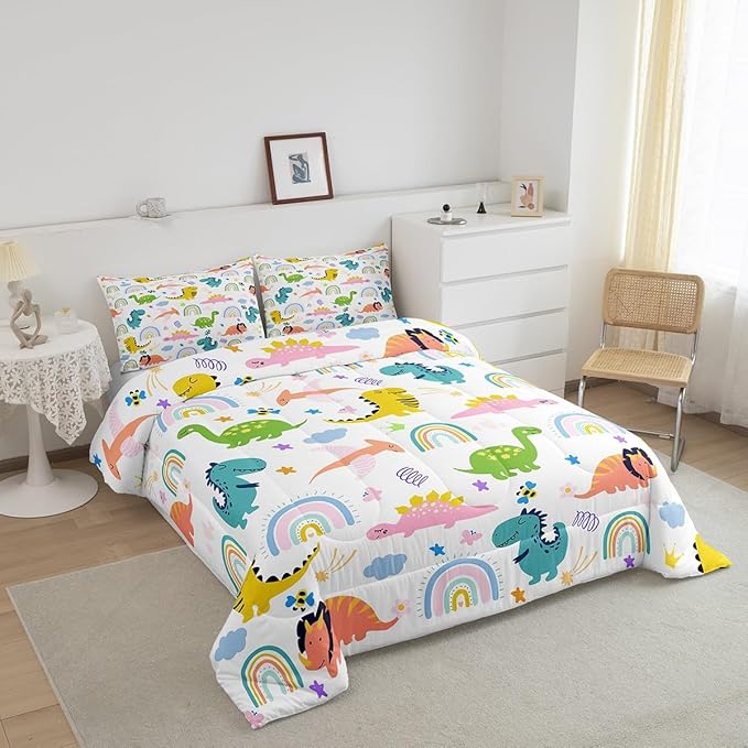 Feelyou Boys Dinosaur Toddler Bedding Sets Queen Size Girls Colorful Dinosaurs Comforter Set Cute Cartoon Dino Rainbow Down Comforter Quilt Kids Room Decor Reversible Stars Bed Set for All Seasons