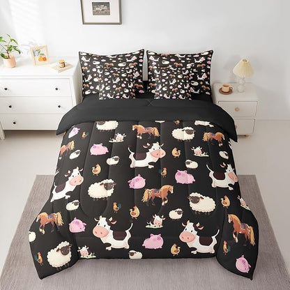 Feelyou Farm Animal 7 Piece Bedding Set Full Size Cartoon Animals Comforter Set with Sheets for Boys Girls Black Bed in a Bag Funny Country Theme Bed Set