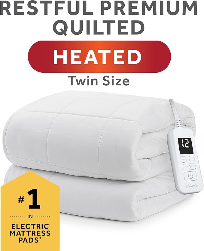 Sunbeam Premium Quilted Electric Heated Mattress Pad Twin 39" x 75" - 12 Heat Settings, 12-Hour Selectable Auto Shut-Off, Fast Heating, Warming Bed, Machine Washable, Extra-Soft Warm Cozy