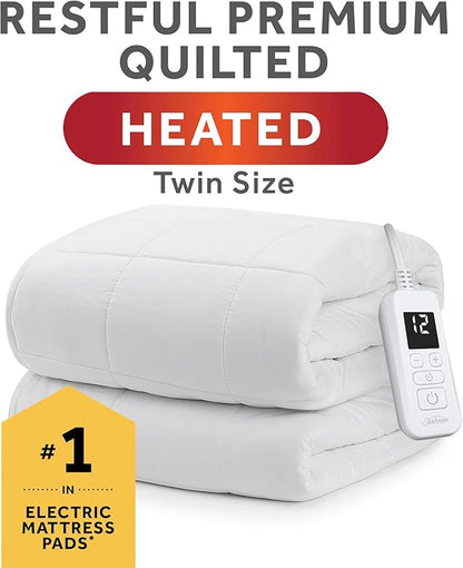 Sunbeam Premium Quilted Electric Heated Mattress Pad Twin 39" x 75" - 12 Heat Settings, 12-Hour Selectable Auto Shut-Off, Fast Heating, Warming Bed, Machine Washable, Extra-Soft Warm Cozy