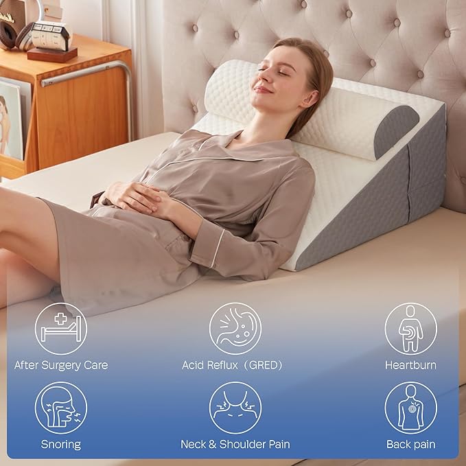 2PCS 12" Wedge Pillow with Adjustable Pillow, Wedge Pillow for Acid Reflux and Back Pain Relief, Snoring, Bed Wedge Pillow for Sleeping After Surgery. Triangle Pillow Wedge, Cooling Memory Foam Top