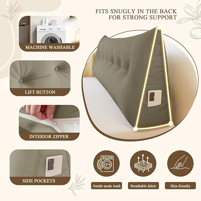 Headboard Pillow Queen, Large Triangular Wedge Headboard Pillow for Reading and Resting, Backrest Positioning Support Pillow with Removable Cover (Khaki)