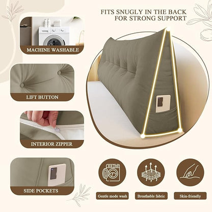 Headboard Pillow Queen, Large Triangular Wedge Headboard Pillow for Reading and Resting, Backrest Positioning Support Pillow with Removable Cover (Khaki)