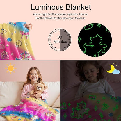 Lotus Karen Unicorn Glow in The Dark Blanket Unicorn Toys Girl Gifts for 1 2 3 4 5 6 7 8 9 10 11 12 Year Old Kids Blanket with Stars Cloud Crown Bow Birthday Halloween Room Decor（Rainbow 60"×80"