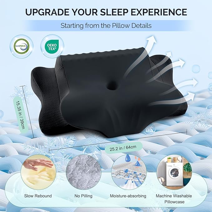 Cervical Pillow for Neck Pain Relief - Cooling Ergonomic Dual-Sided Orthopedic Neck Pillow with Ice Silk Pillowcase, Breathable Memory Foam Contour Pillow for Side, Back, Stomach Sleepers,All Black