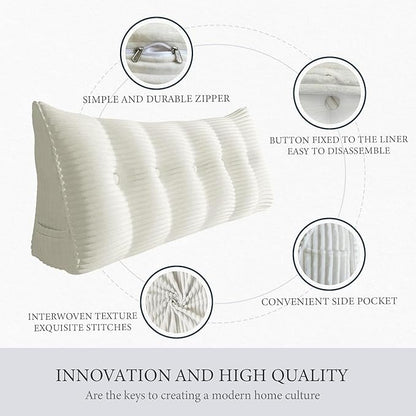 Wedge Headboard Pillow Dorm Room Reading Pillow Back Support for Sitting Up in Bed Bolster Lumbar Cushion Body Positioning Bedrest Corduroy (White, Full (54 * 8 * 20in))