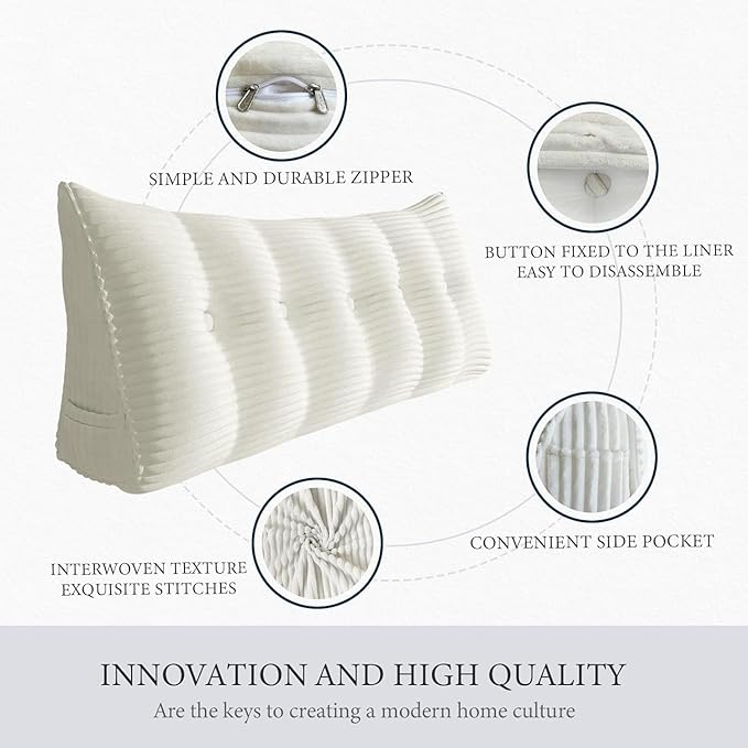 Wedge Headboard Pillow Dorm Room Reading Pillow Back Support for Sitting Up in Bed Bolster Lumbar Cushion Body Positioning Bedrest Corduroy (White, King (76 * 8 * 20in))