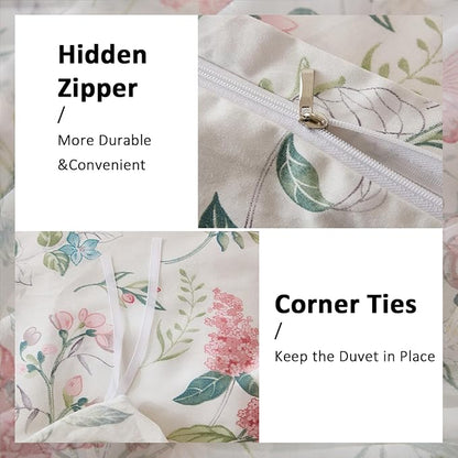 Duvet Cover King Size - 100% Nature Cotton Pink Floral Duvet Cover with Zipper Closure & Corner Ties,3pcs Soft & Breathable Pink Bedding Set with 2 Pillowcases 20"x36"