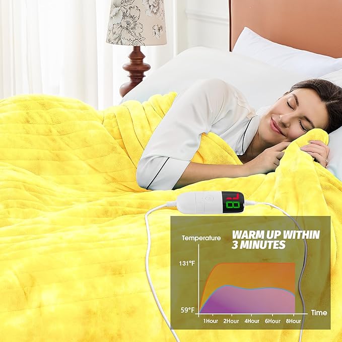 greenoak Heated Electric Blanket Throw, Faux Fur Sherpa Heating Blanket for Sofa Bed, Warm Winter Gifts for Women/Adults, Heater Lap Blankets 5-Position Timer &10 Heating Levels 50''*60" Lemon