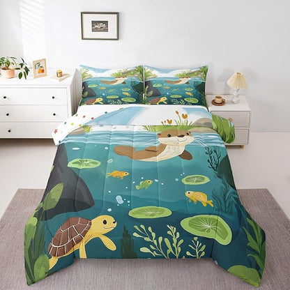 Cartoon Otter Kids Toddler Comforter Set Cute Turtle Fish Wild Animals Bedding Sets for Boys Girls Teens Green Lotus Leaf Natural Scenery Rustic Quilted Comforter with 1 Pillowcase 2 Pcs