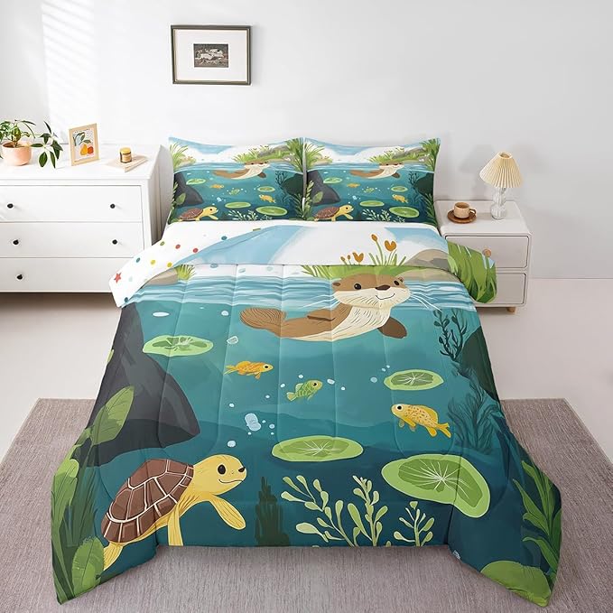 Cartoon Otter Kids Comforter Set Cute Turtle Fish Wild Animals Bedding Sets for Boys Girls Teens Green Lotus Leaf Natural Scenery Rustic Down Comforter with 2 Pillowcases King Size 3 Pcs