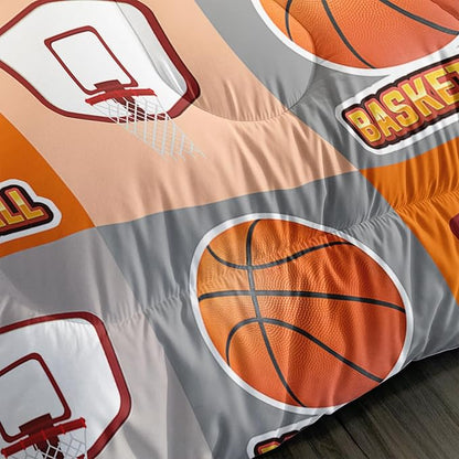 Basketball Bedding Kids Comforter Set King Size,Sports Style Basketball Printing Bedding Set for Teens Boys Room Decor,Ball Sports Games Comforter Set Soft Kids Bedding with 2 Pillowcases.