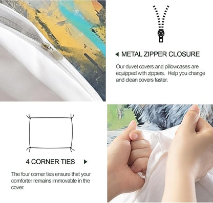 Rabbit Duvet Cover Full Size, Street Graffiti Rabbit Bedding Set 3 Piece Bedroom Decor Fun Animal Comforter Cover with Zipper Ties & 2 Pillowcases