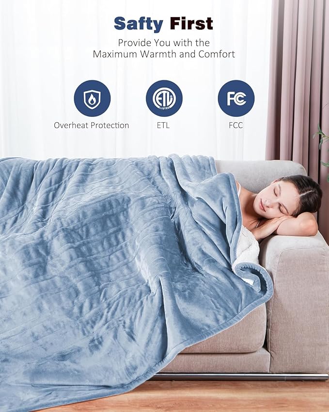 Heated Blanket Throw, 50x60 inches with 2 Wearable Buttons, Electric Blanket, 9 Heating Levels & 1-10H Auto Off & Fast Heating, for Office, Home, Sofa (Baby Blue)