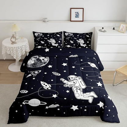 Feelyou Solar System Comforter Set Full Size Outer Space Comforter for Kids Teens Adults Universe Planets Bedding Set Cute Astronaut Blue White Duvet Set Room Decor 3Pcs with 2 Pillow Case