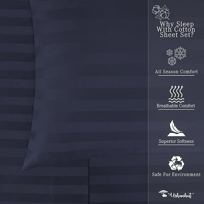 URBANHUT 1000 Thread Count Damask Striped King Sheet Set Egyptian Cotton Sheets, Long Staple Soft & Breathable, 4 Pcs Bed Sheet Sets, Luxury Hotel Sateen Sheets Fits 16" Deep Pocket - Navy Blue