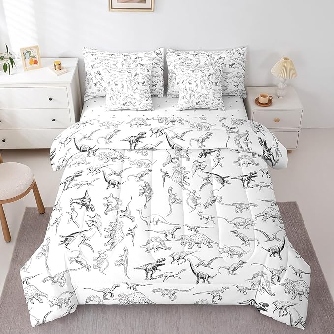 Feelyou Dinosaur Comforter Set With Sheets 7 piece Queen Size 3D Digital Print Bedding Set Jungle Dino Bed in a Bag Wild Animal Black and White Bed Set with Comforter,Sheets,Pillowcases,Cushion Covers