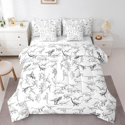 Feelyou Dinosaur Comforter Set With Sheets 7 piece Queen Size 3D Digital Print Bedding Set Jungle Dino Bed in a Bag Wild Animal Black and White Bed Set with Comforter,Sheets,Pillowcases,Cushion Covers