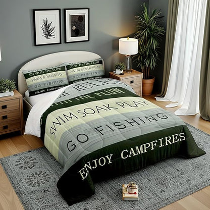 Castle Fairy River Theme Comforter Set,Rustic Farmhouse Bedding Set for Kids Girls Women,Adults Green Wood Panels Comforter,Go Fishing Quilted Duvet Set Bedroom Collection Twin Size 2Pcs