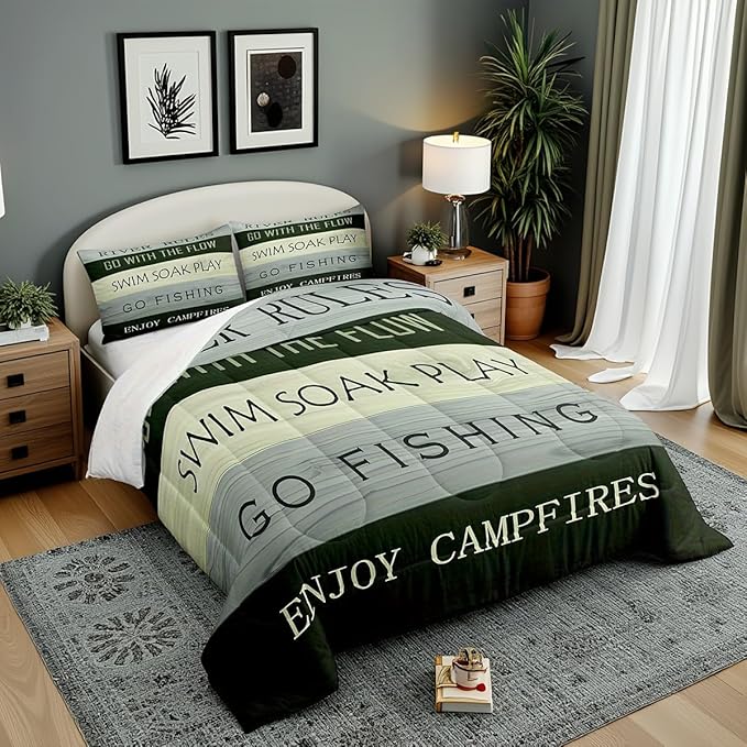 Castle Fairy Teens River Theme Comforter Set Queen Size,Rustic Farmhouse Bedding Set for Kids Boys Girls Bedroom Decoration,Green Wood Panels Bed Duvet Insert,Go Fishing Comforter with 2 Pillowcases