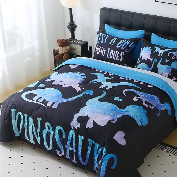 7 Piece Boys Dinosaur Comforter Set Twin Size Blue Dinonsaur Soft Microfiber Bed in A Bag with Comforter,Sheet Set,Pillowcase and Sham for Child Teens All Season