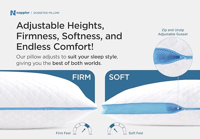 Side and Back Sleeper Pillow for Neck and Shoulder Pain Relief-Shredded Memory Foam Bed Pillow for Sleeping - 100% Adjustable Fill - Queen Size - Set of 2 - Washable Case. Extra Fill Included