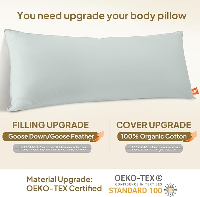 Goose Down Body Pillows for Adults, Large Body Pillow for Side Sleeper, Hugging Feather Body Pillow Insert, Cooling Full Length Long Pillow for Bed with 100% Organic Cotton Shell, (Baby Blue 20"x60")
