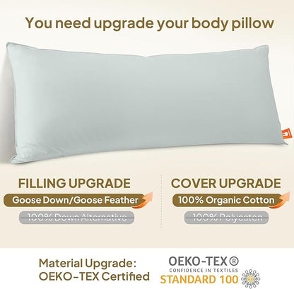 Goose Down Body Pillows for Adults, Large Body Pillow for Side Sleeper, Hugging Feather Body Pillow Insert, Cooling Full Length Long Pillow for Bed with 100% Organic Cotton Shell, (Baby Blue 20"x60")