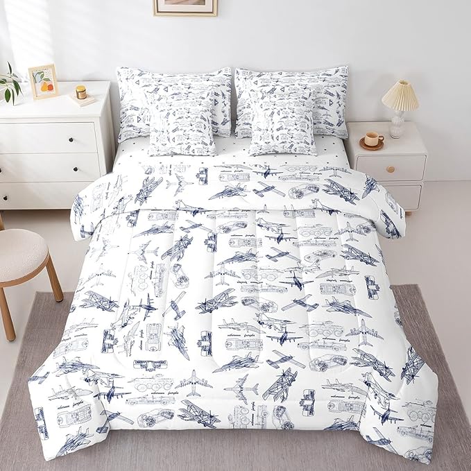 Aircraft Comforter Set With Sheets 7 piece Twin Size Kids Airplane Print Bedding Set Aircraft Flying Bed in a Bag Sketch Style Blue White Bed Set with Comforter,Sheets,Pillowcases,Cushion Covers