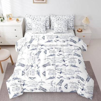 Aircraft Comforter Set With Sheets 7 piece Twin Size Kids Airplane Print Bedding Set Aircraft Flying Bed in a Bag Sketch Style Blue White Bed Set with Comforter,Sheets,Pillowcases,Cushion Covers