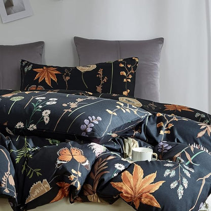 Floral Duvet Cover California King Size Black Duvet Cover Set with Pink Floral Colorful Botanical Yellow Butterfly 3D Printed Comforter Cover 3 Pcs Soft Microfiber Bedding Set with Zipper Ties