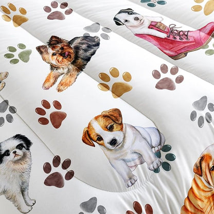 Kawaii Cartoon All Kinds of Dogs Animal Themed Comforter 3Pcs Full Colorful Paw Printed Bedding Set for Kids Teens Girls Boys Bed Decor Cute Puppy Quilt with 1 Comforter and 2 Pillowcases