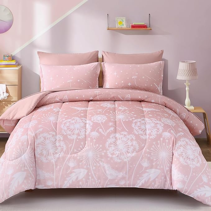 Menghomeus Girls Comforter Set Twin Size 5 Pieces Bed in A Bag Ombre Pink Bedding Set Dandelion Butterfly Print Kids Bedding Collections