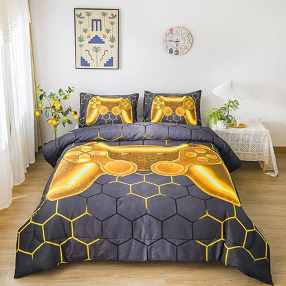NTBED Game Console Comforter Set for Boys Girls Kids 3D Gaming Geometric Lightweight Microfiber Bedding Sets (Gold, Twin)